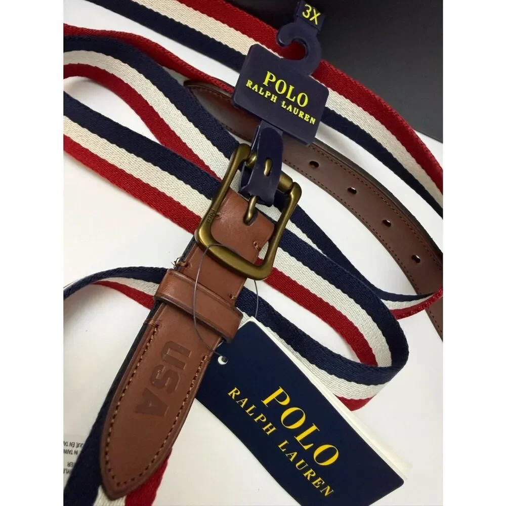 Polo Ralph Lauren Men’s 3X Canvas Stripe Belt Leather Golf Classic Preppy